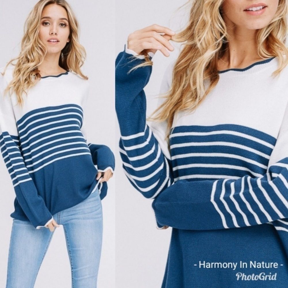Navy Blue Wave Lightweight Sweater - Picture 1 of 6